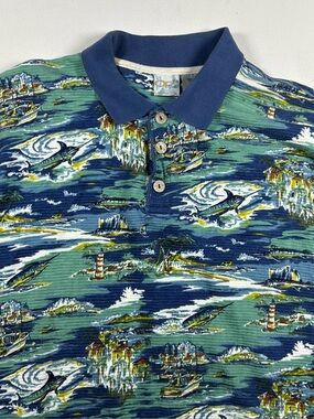 Vintage OP Polo Shirt Men's Large AOP Lighthouse Marlin Fishing Ocean 90s